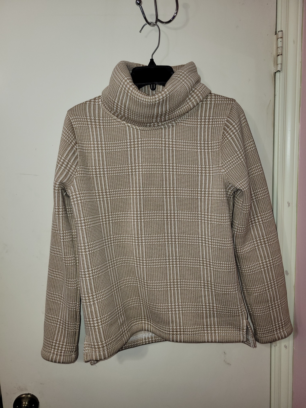 J. Crew Plaid Cowl Neck Sweater in Beige and White